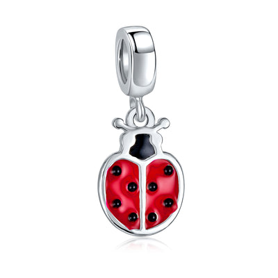 Set of 2 Insect Garden Ladybugs Red CZ Dangle Charm Bead Enamel Sterling Silver