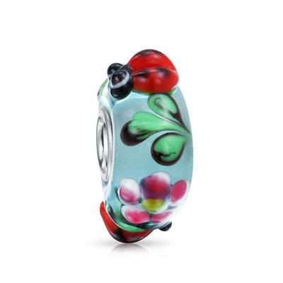Set of 2 Bee & Ladybug Flower Murano Glass Charm Bead Sterling Silver