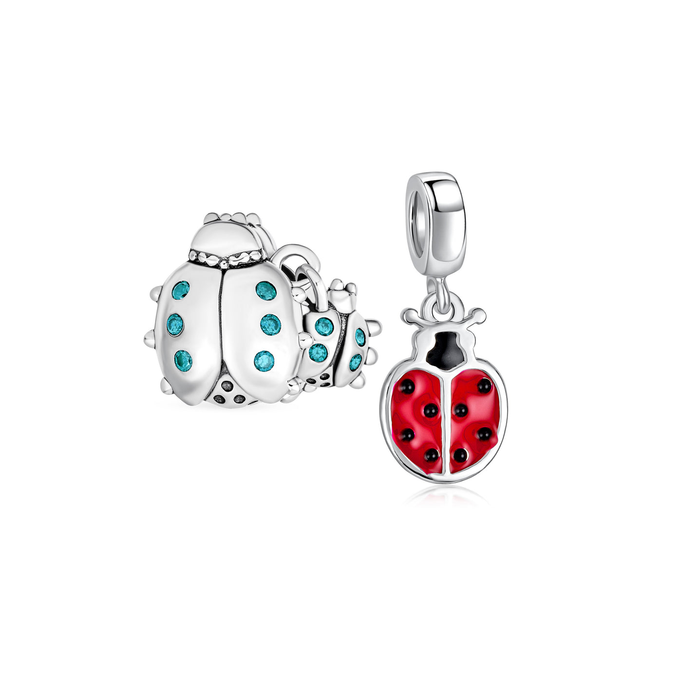 Set of 2 Insect Garden Ladybugs Red CZ Dangle Charm Bead Enamel Sterling Silver