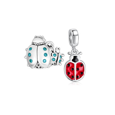Set of 2 Insect Garden Ladybugs Red CZ Dangle Charm Bead Enamel Sterling Silver