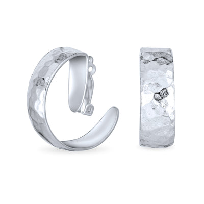Set of 2 Polished Shrimp Dome and Matte Hammered Hoop Clip-On Earrings Silver