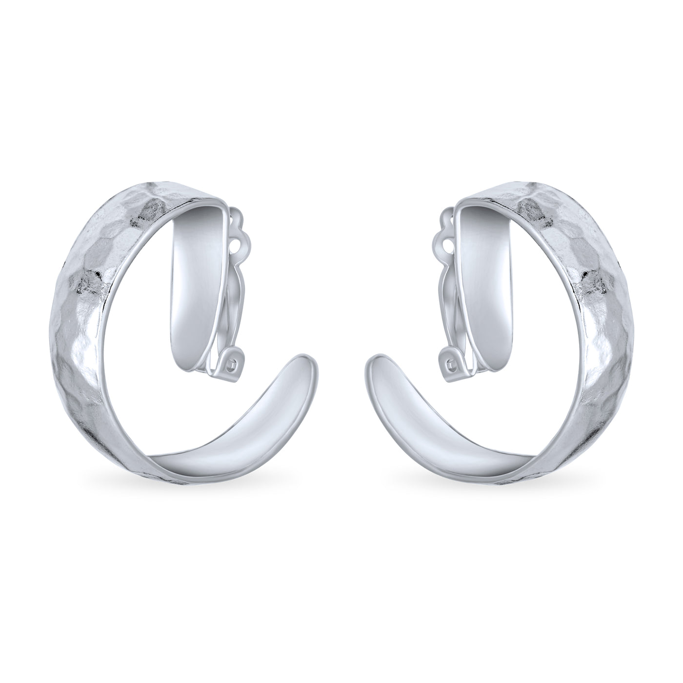 Set of 2 Polished Shrimp Dome and Matte Hammered Hoop Clip-On Earrings Silver