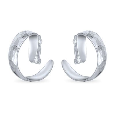 Set of 2 Polished Shrimp Dome and Matte Hammered Hoop Clip-On Earrings Silver