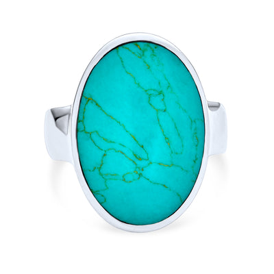 Large Oval Cabochon Stabilized Blue Turquoise Statement Ring Sterling Silver