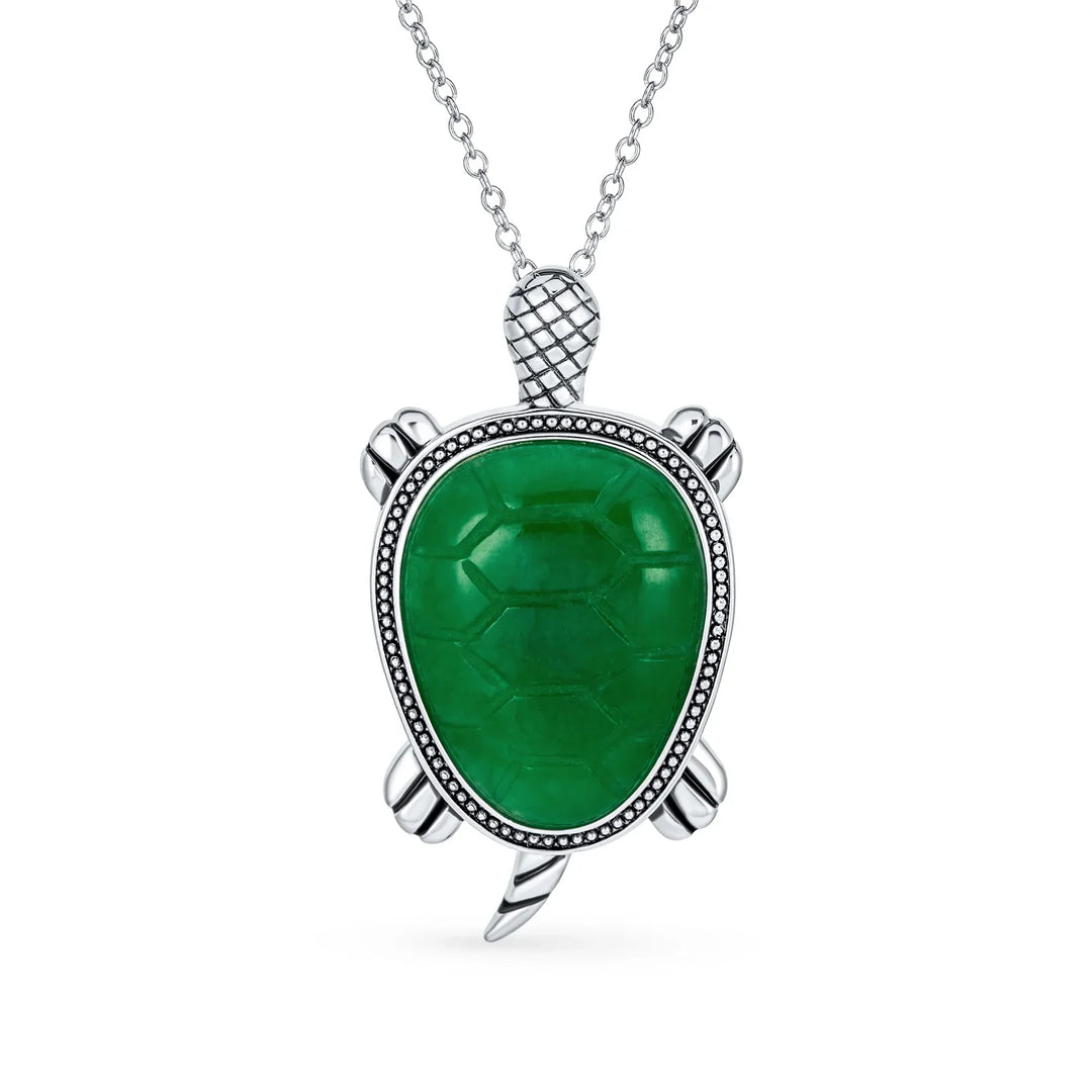 Unisex Nautical Gemstone Jade Sea Turtle Pendant Necklace in