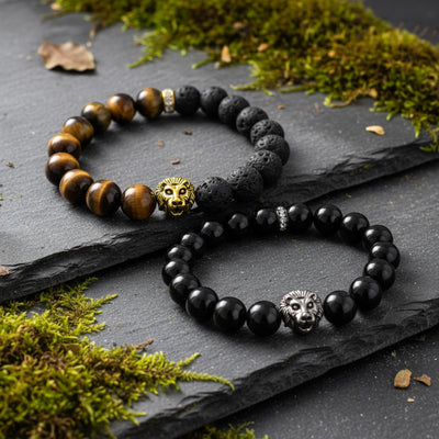 Set of 2 Lion Face Onyx Tiger Eye & Lava Rock Bead Stretch Bracelet Gold Plated