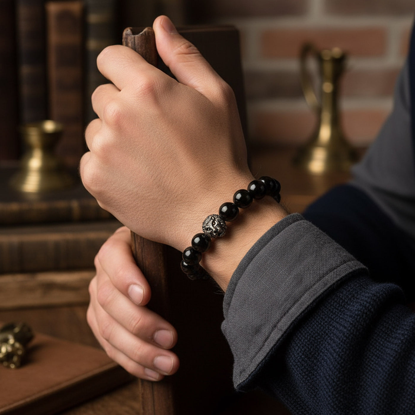 Set of 2 Lion Face Onyx Tiger Eye & Lava Rock Bead Stretch Bracelet Gold Plated