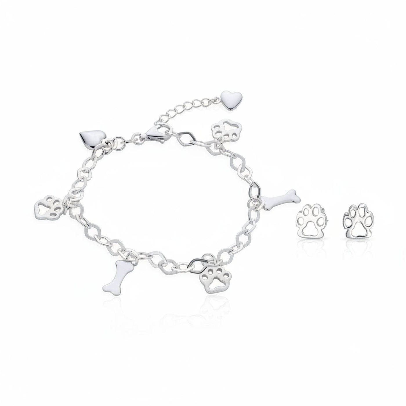 Pet Lover BFF Multi-Charm Bracelet & Paw Print Stud Earrings Set Sterling Silver