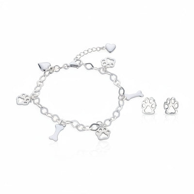 Pet Lover BFF Multi-Charm Bracelet & Paw Print Stud Earrings Set Sterling Silver