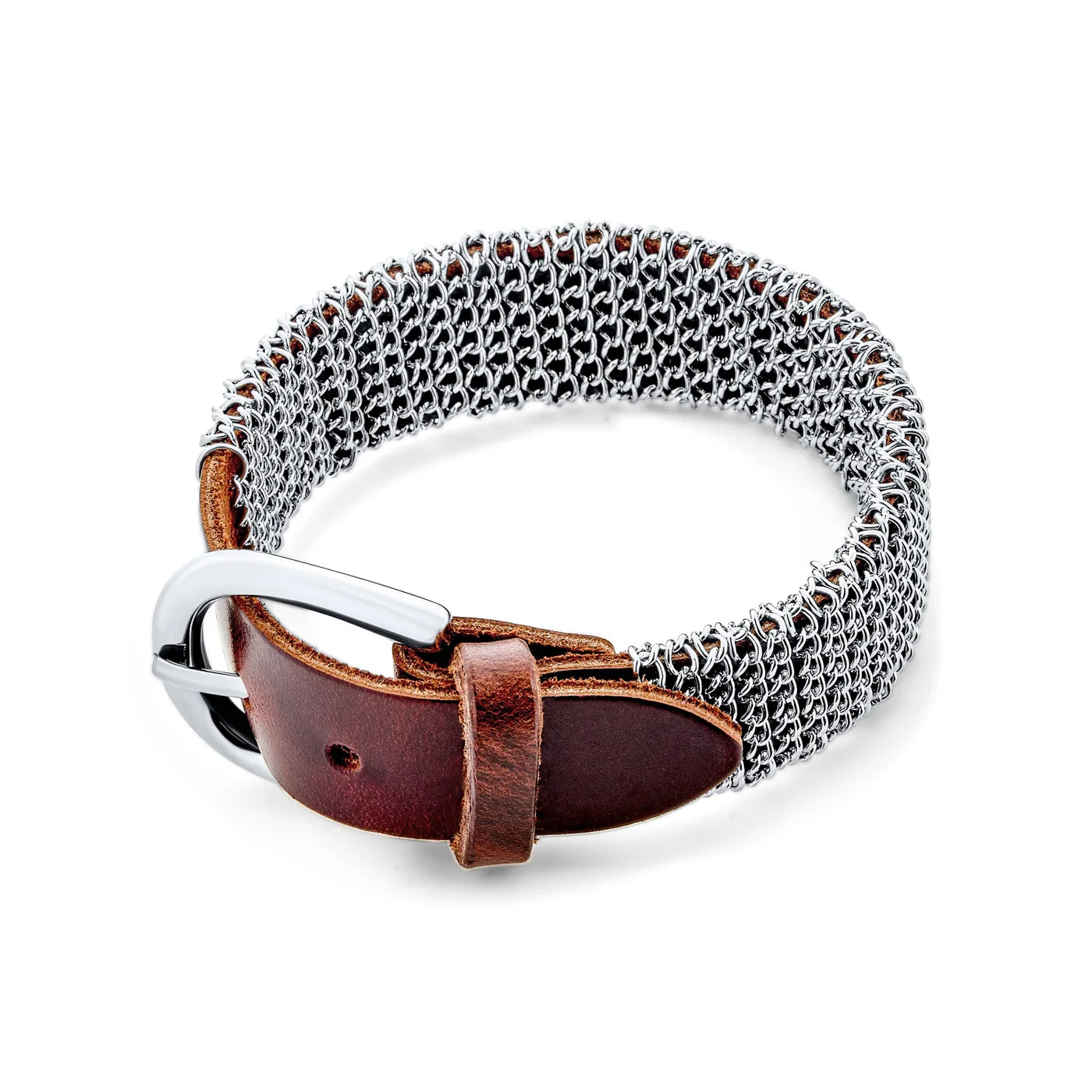 Hip Hop Wrap Bracelet Punk Rocker Metal Mesh Chain with Brown Leather Buckle - Bling Jewelry