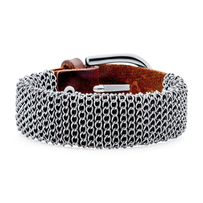 Hip Hop Wrap Bracelet Punk Rocker Metal Mesh Chain with Brown Leather Buckle - Bling Jewelry