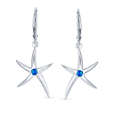 Blue Created Opal Nautical Starfish Drop Earrings .925 Sterling Silver