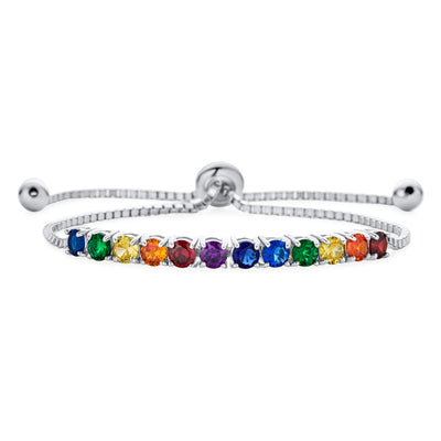 Round Multicolor LGBTQ Rainbow AAA CZ Tennis Bolo Style Bracelet Sterling Silver