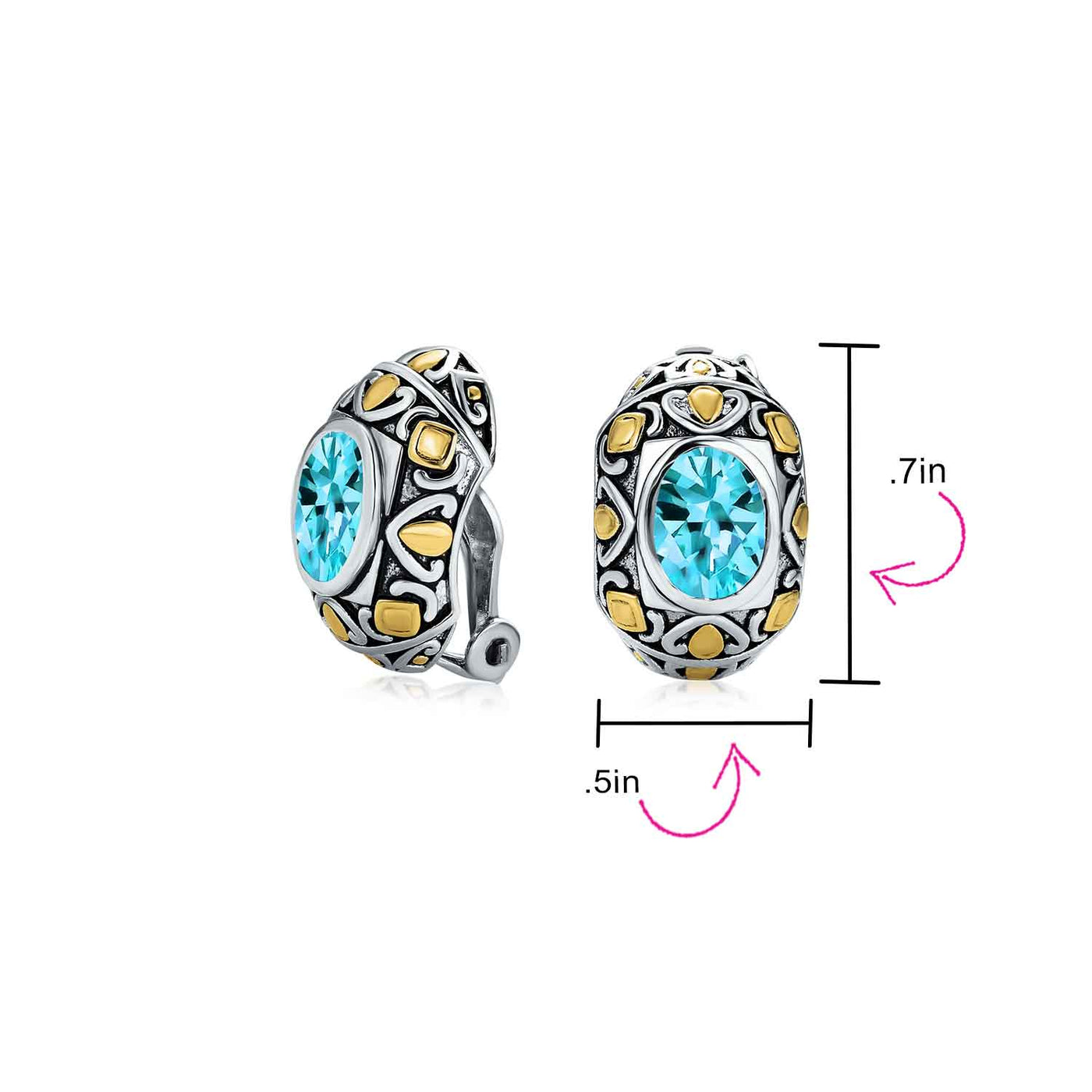 Two Tone Oval Clip On Earrings Imitation Aquamarine CZ Silver Plated