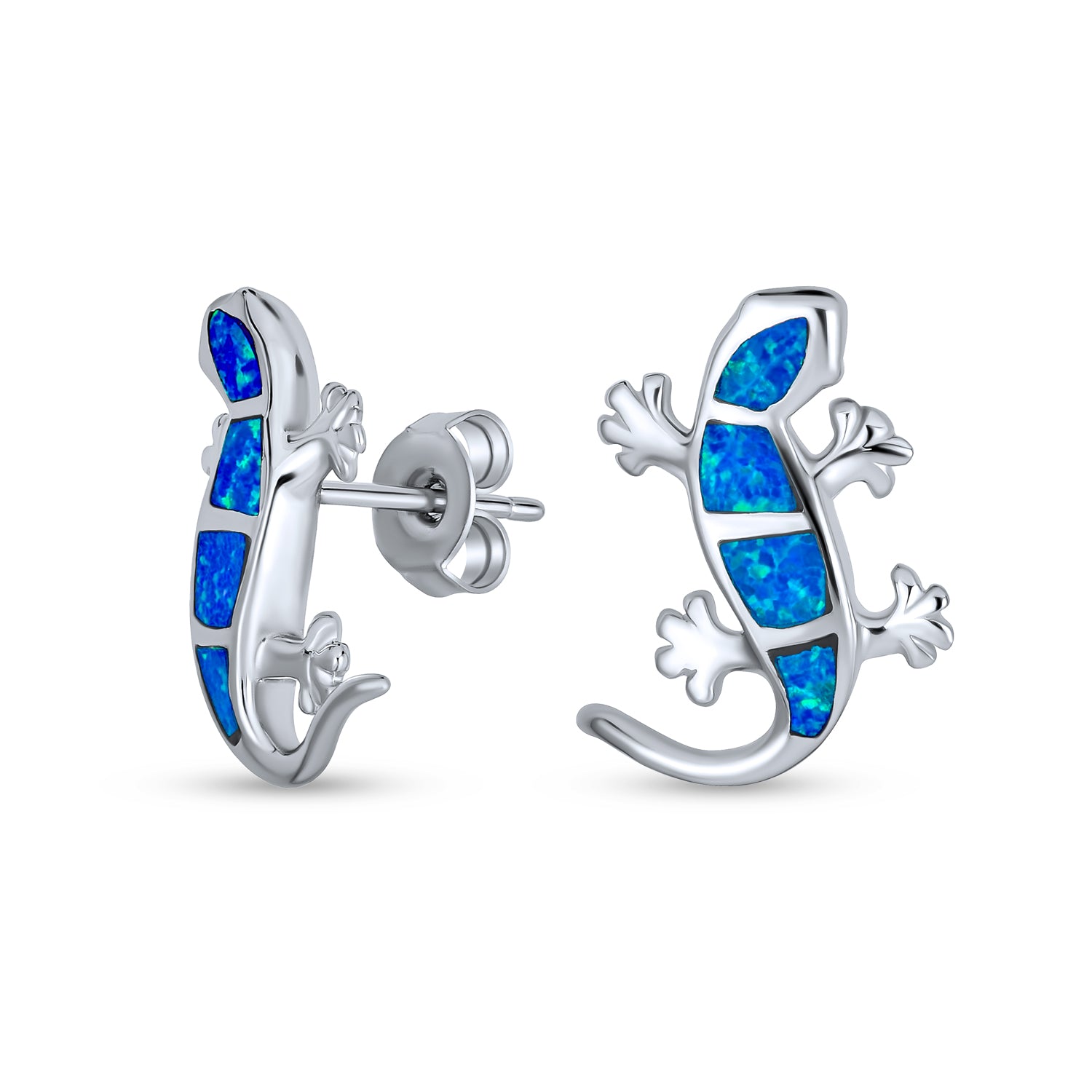 Blue Created Opal Inlay Gecko Lizard Stud Earrings Sterling Silver ...