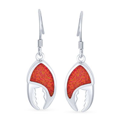 Nautical Be My Lobster Red Opal Crab Claw Dangle Earrings .925 Silver
