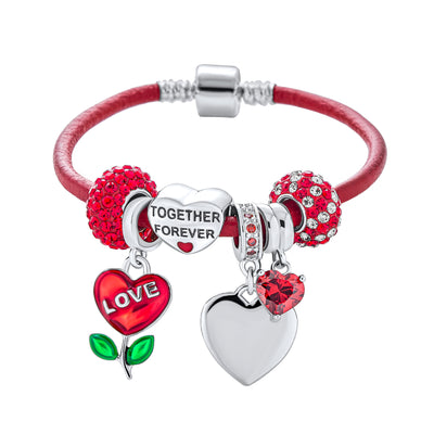 Love Anniversary Heart Bead Charms Bracelet Leather Sterling Silver