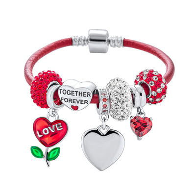Initials Love Heart Charm Bracelet with Genuine Red Leather and Sterling Silver Clasp