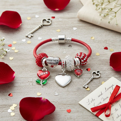 Initials Love Heart Charm Bracelet with Genuine Red Leather and Sterling Silver Clasp