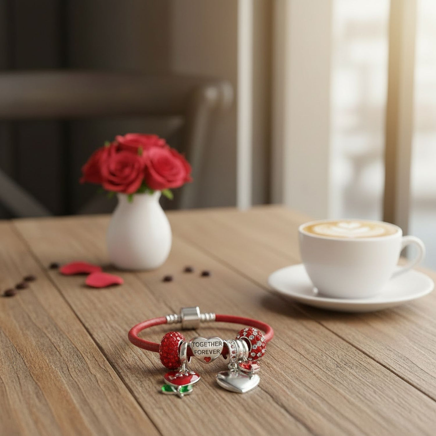 Love Anniversary Heart Bead Charms Bracelet Leather Sterling Silver