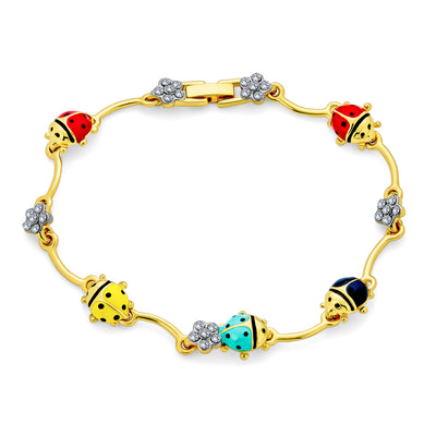 Garden Lucky Ladybug Link Charm Bracelet Crystal Gold Plated