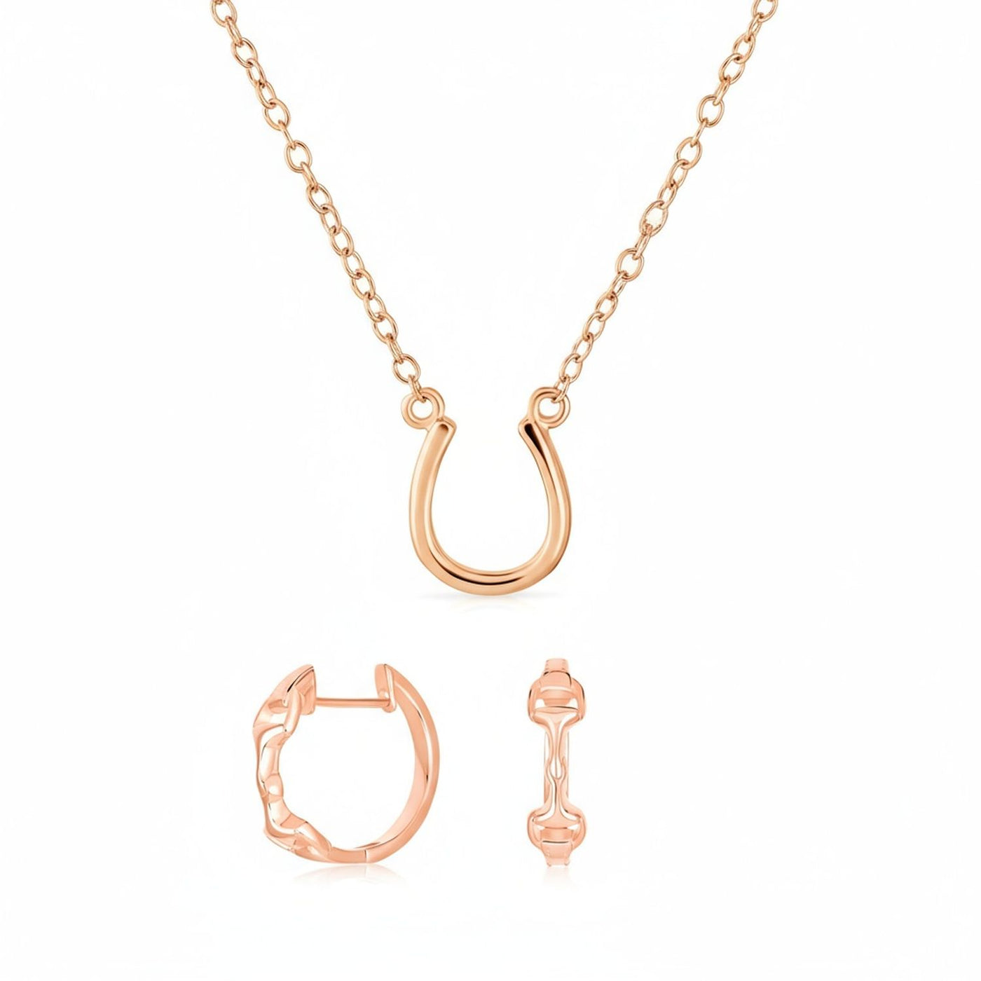 Horseshoe Pendant Necklace & Snaffle Bit Hoop Earrings Set Rose Gold Plated