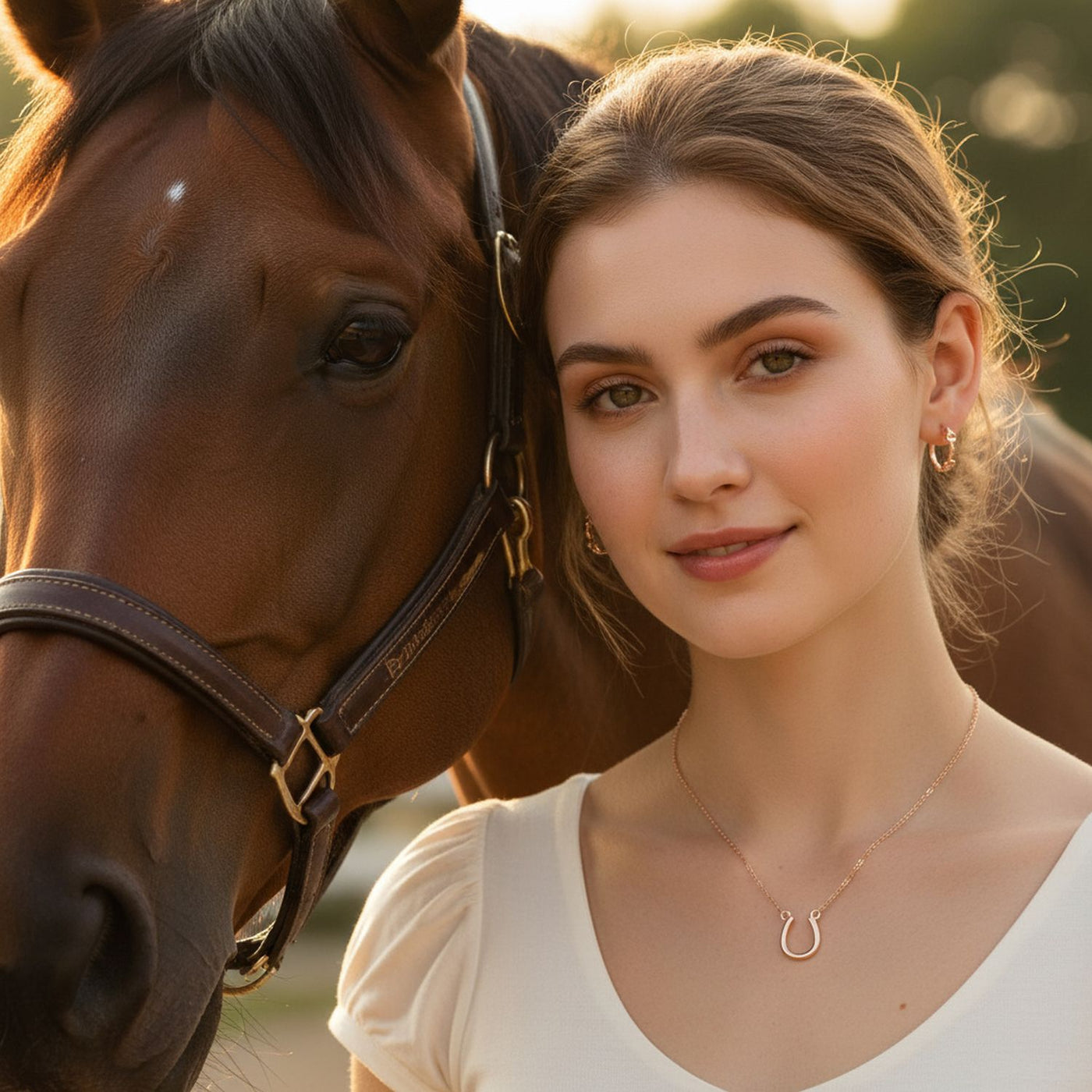 Horseshoe Pendant Necklace & Snaffle Bit Hoop Earrings Set Rose Gold Plated