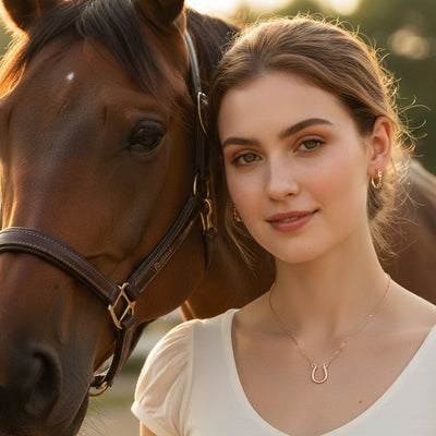 Horseshoe Pendant Necklace & Snaffle Bit Hoop Earrings Set Rose Gold Plated
