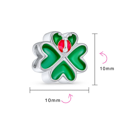 Set of 2 Flower Heart Dangle & Lady Bug Clover Charm Bead Enamel Sterling Silver