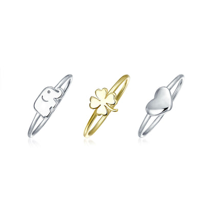 Gold Plated Sterling Silver Clover Elephant Midi Knuckle Ring Set