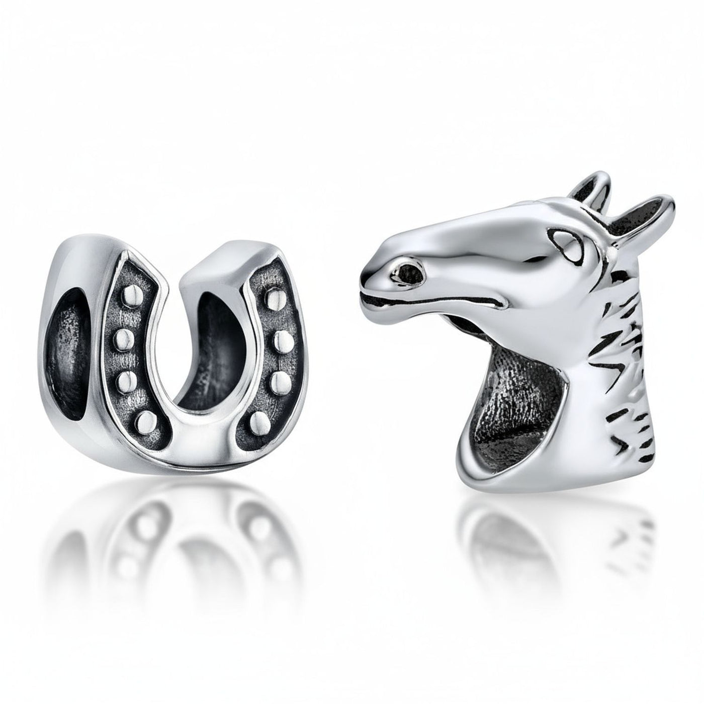 Western Cowgirl Horse & Lucky Horseshoe Charm Bead Oxidized Sterling Silver