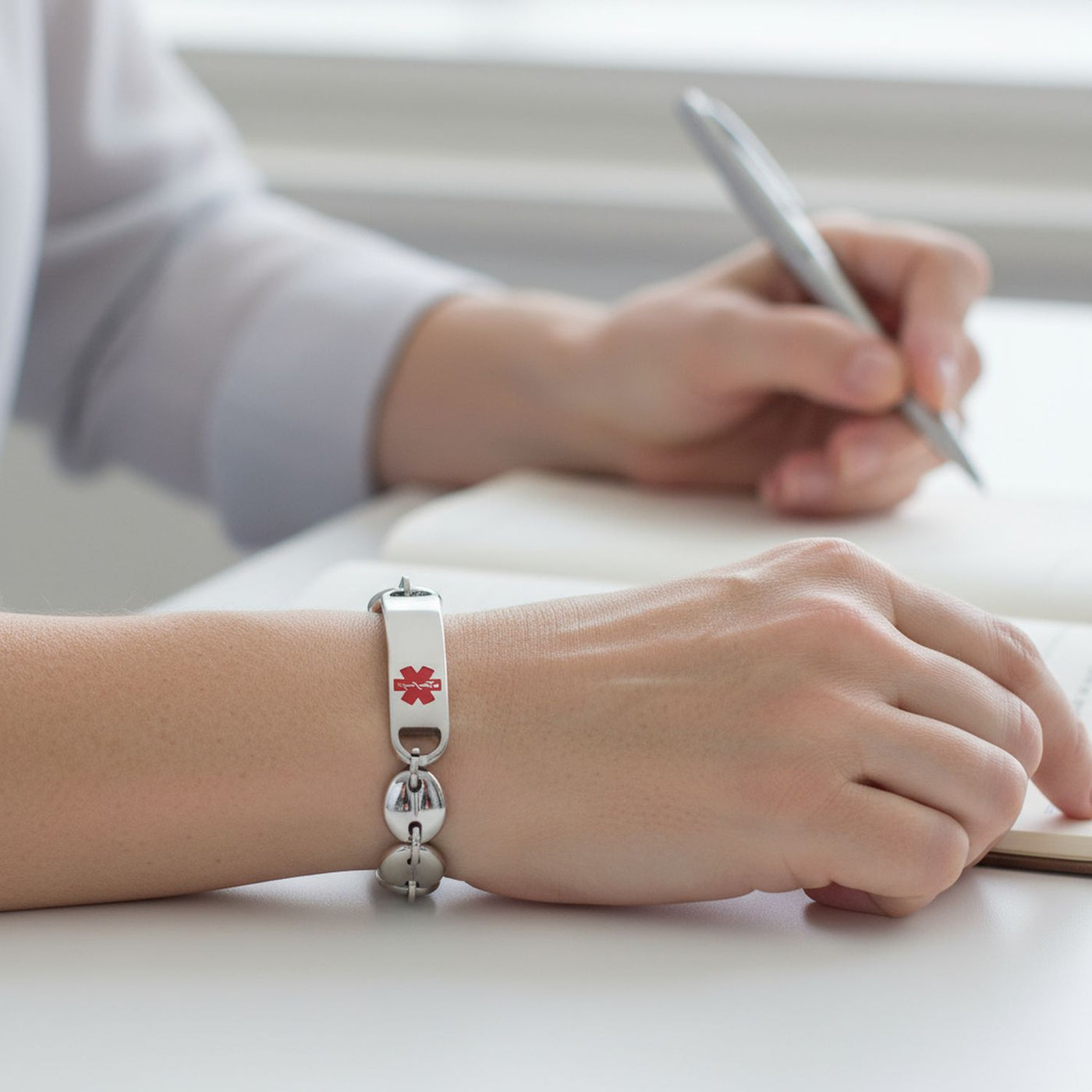 Set of 2 Medical ID Bracelet Marina Anchor Mariner Silver Tone Stainless Steel