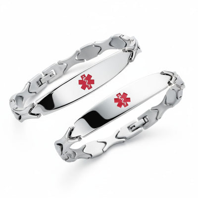 Set of 2 Leaf Link Chain Red ID Bracelet for Men Silver Stainless Steel 7.5 Inch