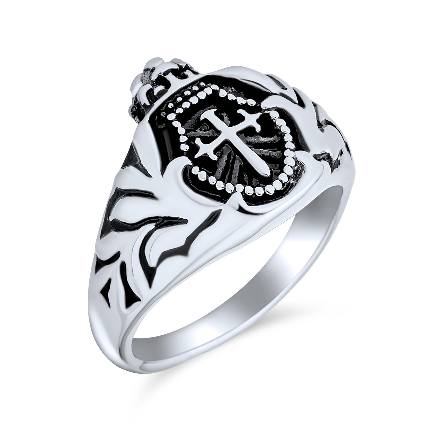 Mens Crown Knight Arms Shield Signet Cross Ring Black Stainless Steel