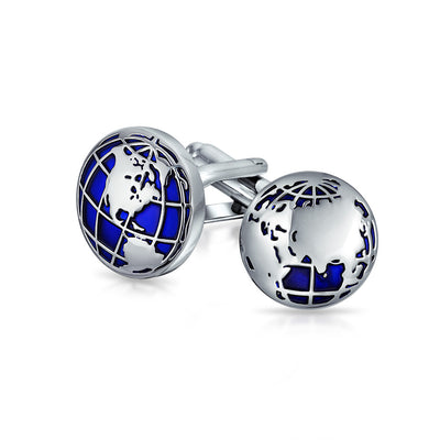 Globe World Map Blue Round Cufflinks Shirt Cufflinks Silver Tone Steel