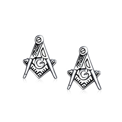 Square and Compass Masonic Freemason Stud Earrings Sterling Silver