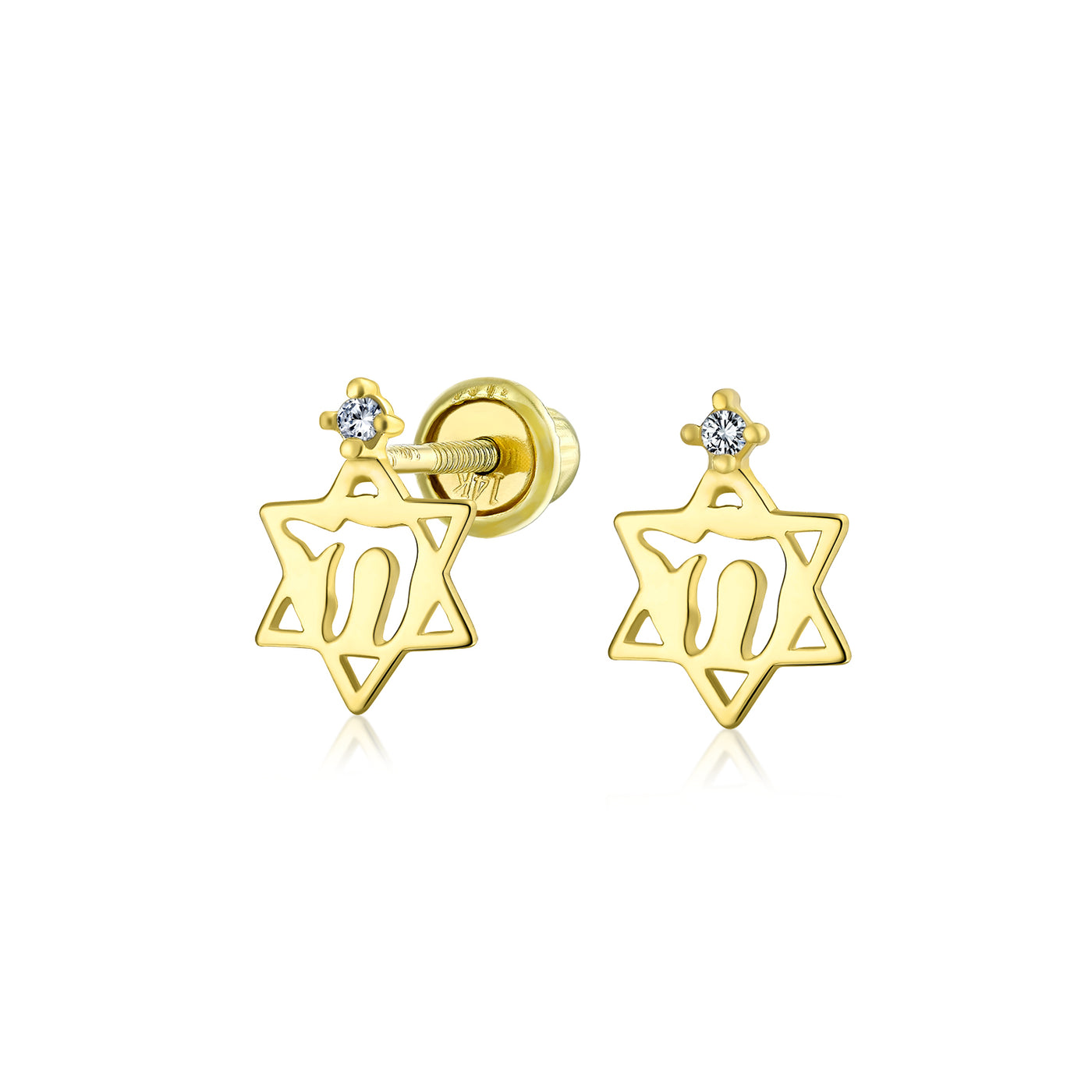 Set of 2 Tiny Judaic Jewelry CZ Stud Earrings 14K Gold Hamsa Star Of David