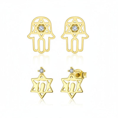 Set of 2 Tiny Judaic Jewelry CZ Stud Earrings 14K Gold Hamsa Star Of David