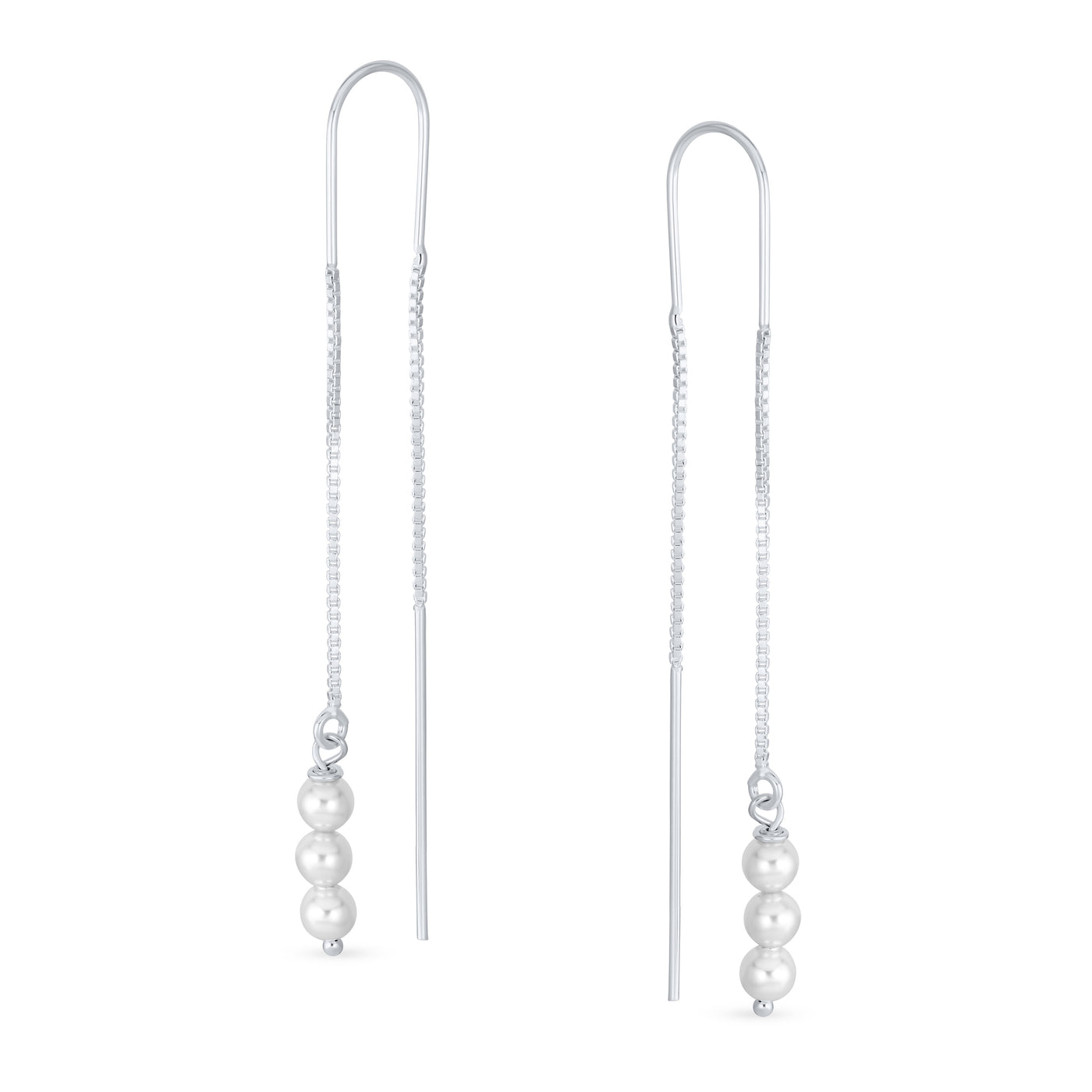Set of 2 Minimalist Long Chain Wire Hook Dangle Earrings 3 Pearls 4 Bead Balls