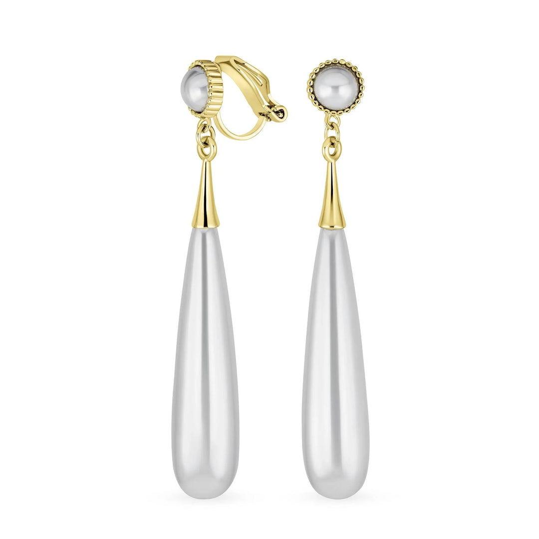 Bridal Linear Simulated Pearl Dangling Clip-on Earrings Gold