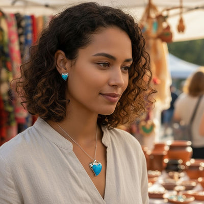 Gemstone Turquoise Filigree Heart Pendant & Stud Earrings Set Sterling Silver