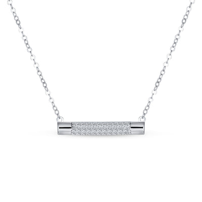 Pave CZ Horizontal Rounded Sideway Bar Pendant Necklace Sterling Silver