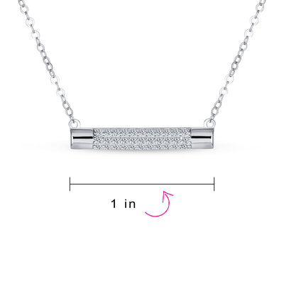 Pave CZ Horizontal Rounded Sideway Bar Pendant Necklace Sterling Silver