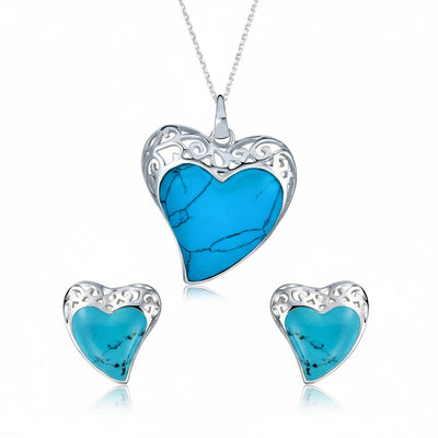 Gemstone Turquoise Filigree Heart Pendant & Stud Earrings Set Sterling Silver