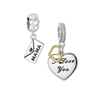 Set of 2 Envelope Heart MAMA Dangle Open Heart I Love You Bead Charm Gold Plated