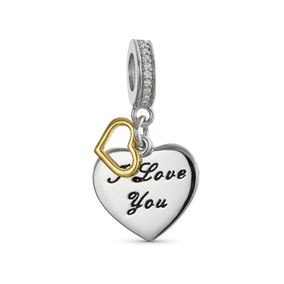 Set of 2 Envelope Heart MAMA Dangle Open Heart I Love You Bead Charm Gold Plated