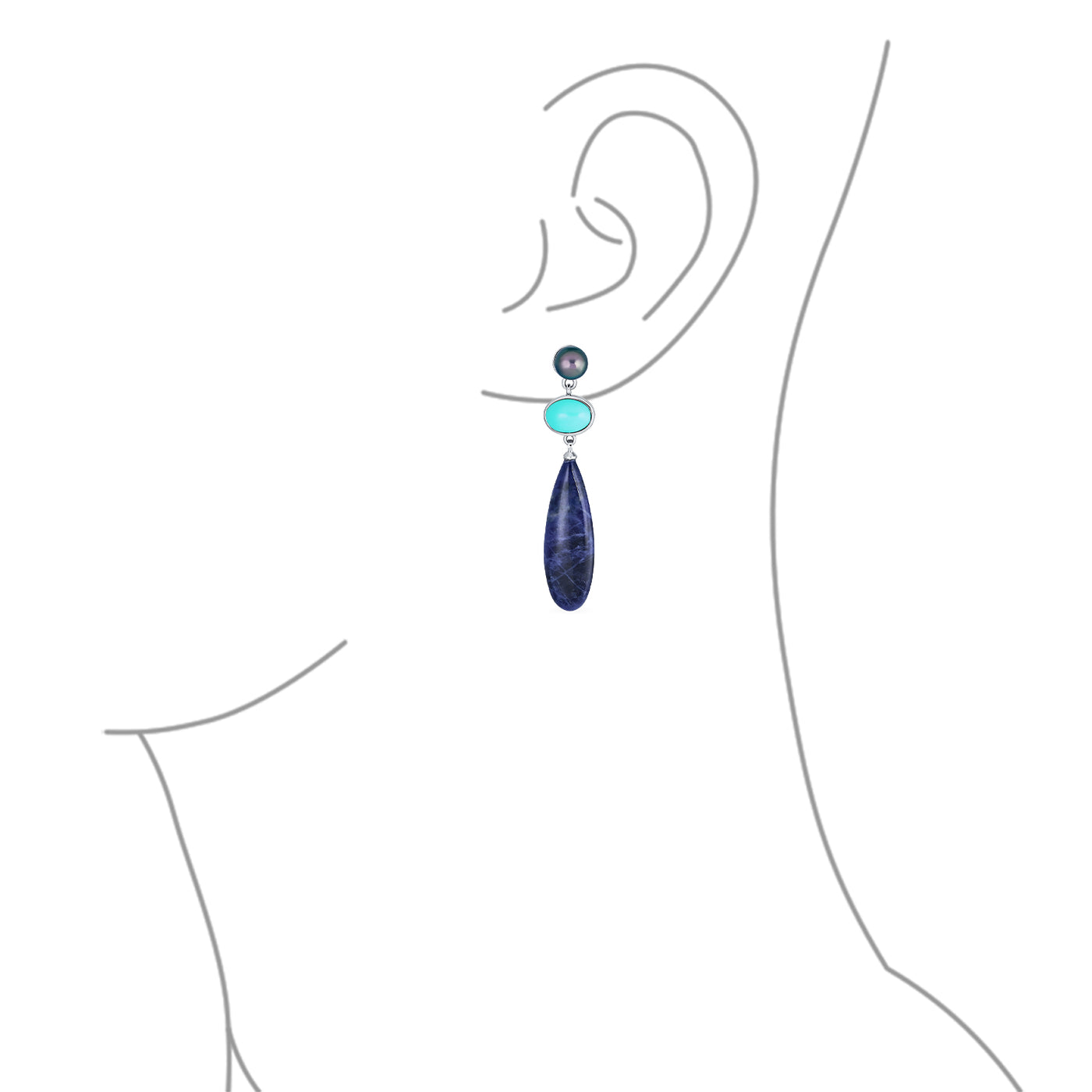 3 Tier Gemstone Dangle Navy Blue Long Teardrop Earrings Silver Plated