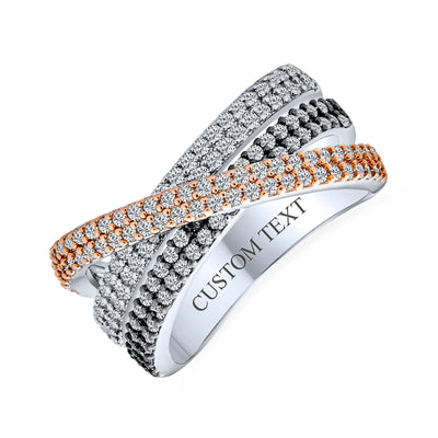 Tri Color Cocktail Statement Ring: Black White Rose Metal CZ Crossover Design