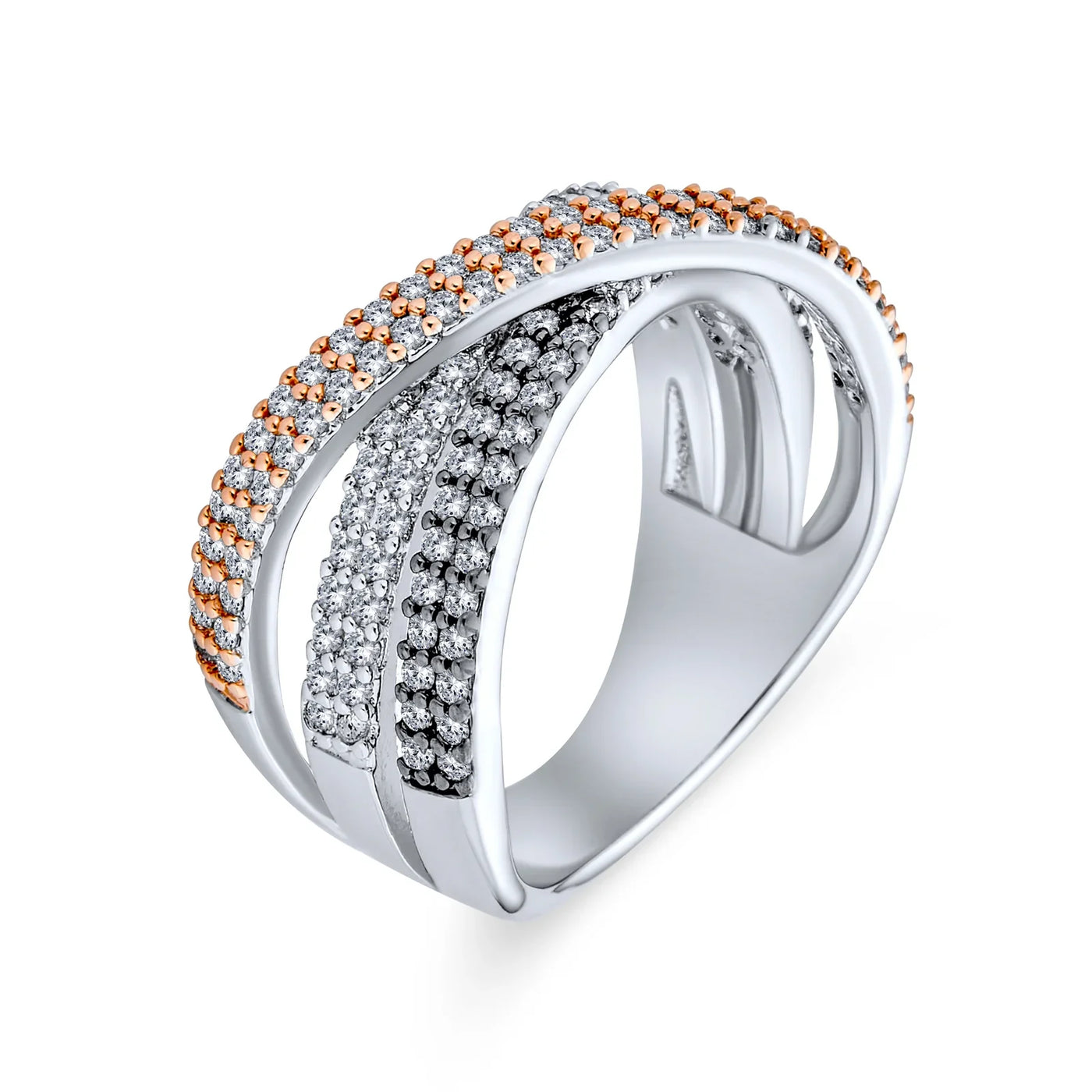 Tri Color Cocktail Statement Ring: Black White Rose Metal CZ Crossover Design