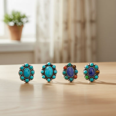 Set of 2 Turquoise & Multicolor Gemstones Clip-On Earrings Sterling Silver